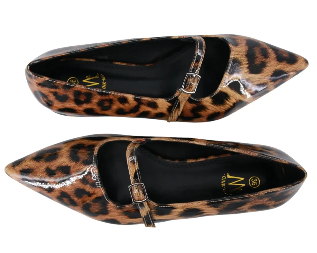 BALERINY SANDAŁY DAMSKIE BUTY NA OBCASIE LEOPARD LAKIER PANTERKA