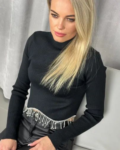 PÓŁGOLF PRĄŻKOWANY Z CYRKONIAMI GOLF CZARNY CROP TOP SWETER BLUZKA